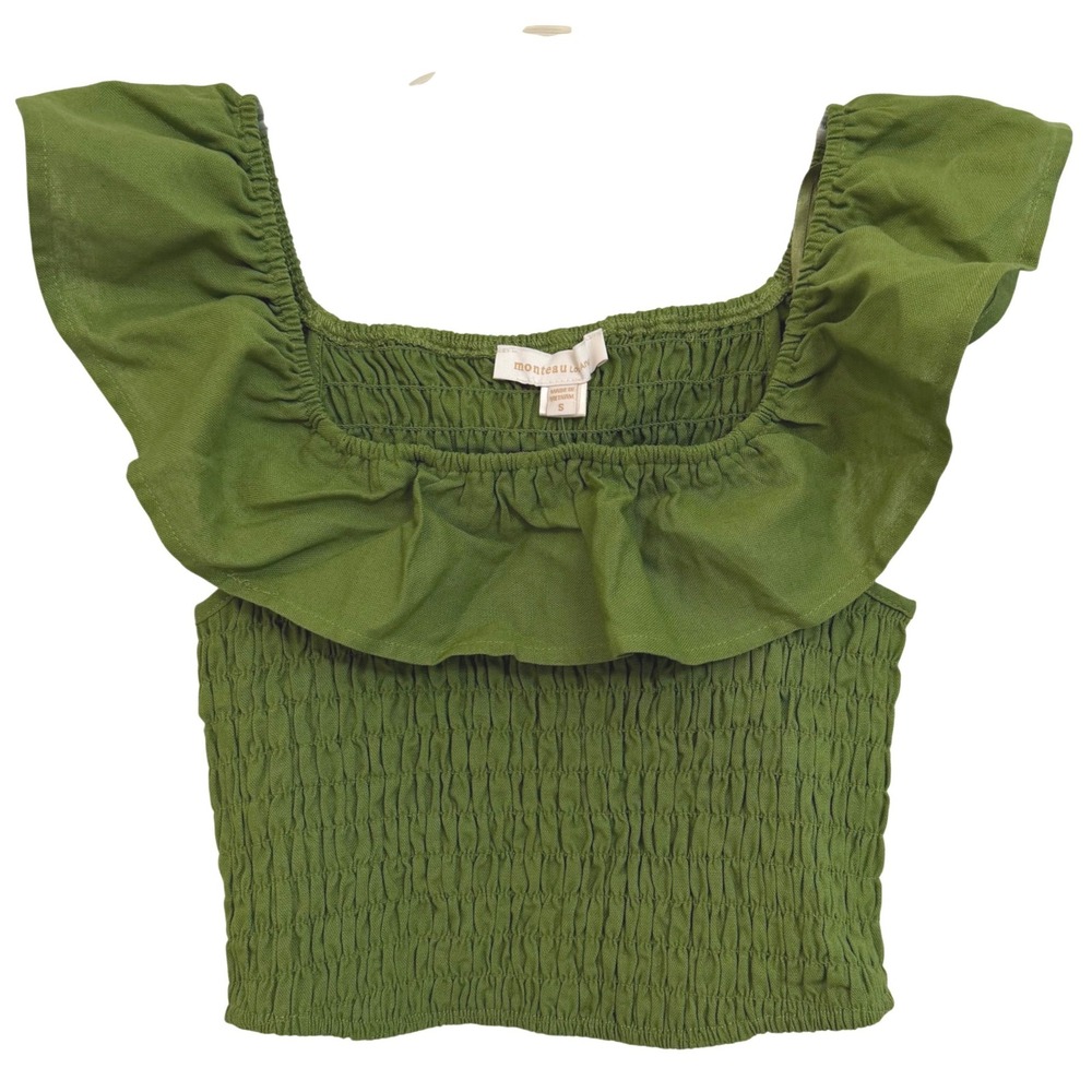 Monteau Los Angeles Boho Green Smocked Ruffle Crop Top Rayon Linen Blend S